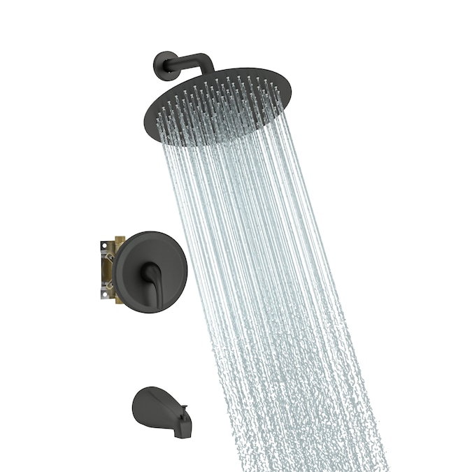 KICHAE 10-Inch Round Waterfall Shower Head Matte Black 10-in Waterfall Dual Head Built-In Shower Faucet System with 2-way Diverter (Ceramic Disc Valve Included)
