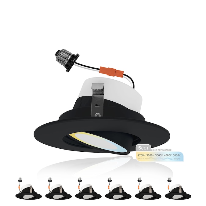 NUWATT 2700K-5000K Gimbal Retrofit 4-in Black 4-in 750-Lumen Switchable Round Dimmable LED Canned Wet Rated Recessed Downlight (6-Pack)