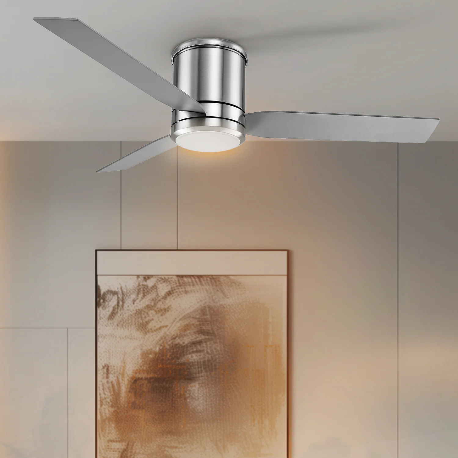 Caledon 52-in Color-Changing Integrated LED Outdoor Flush Mount Smart Brushed Nickel with Gray Blades Ceiling Fan With Light - Remote Included ( 3 -Blade )