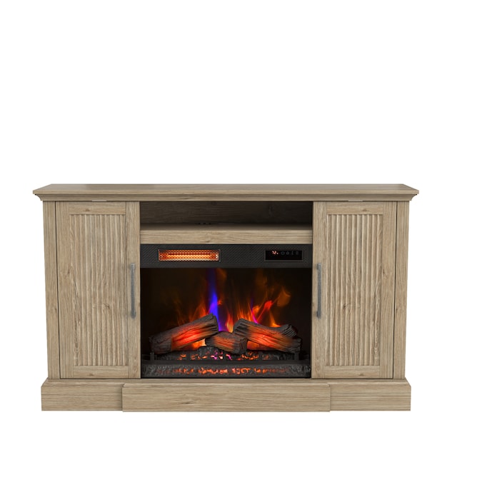 allen + roth 62-in W Natural Oak TV Stand with Infrared Quartz Corner or Flat Wall Electric Fireplace with Remote Control Included