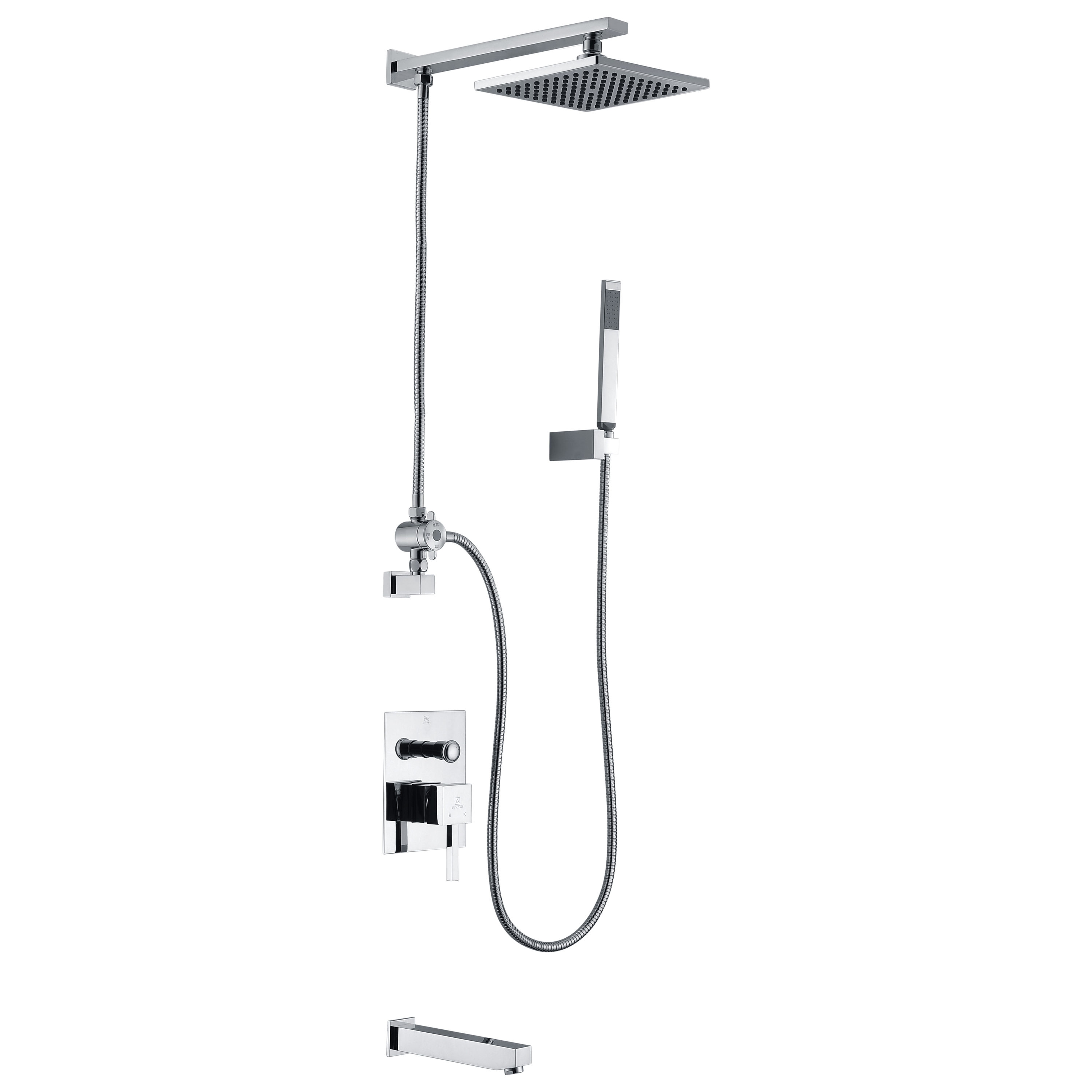 Byne Polished chrome 1-handle Single function 8-Inches Square Bathtub and shower Faucet with Valve