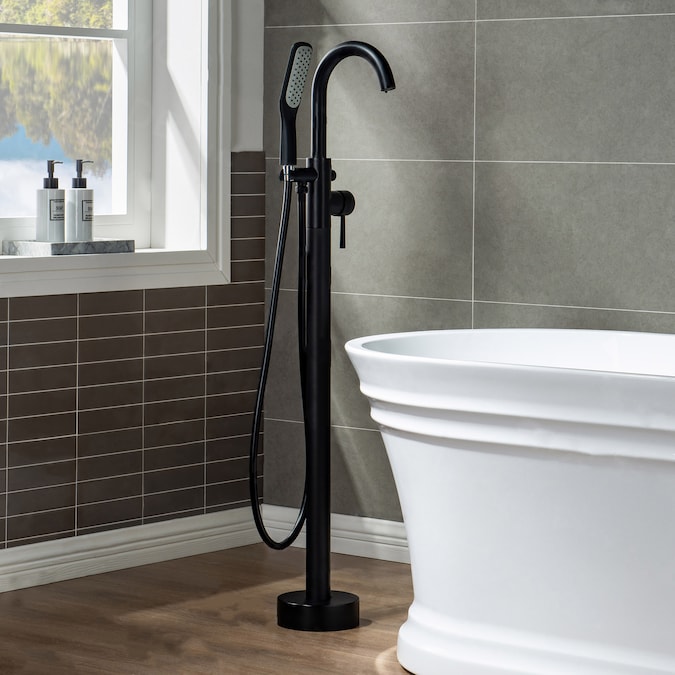 Woodbridge Everette Matte Black 1-handle Freestanding High-arc Bathtub Faucet with Hand Shower