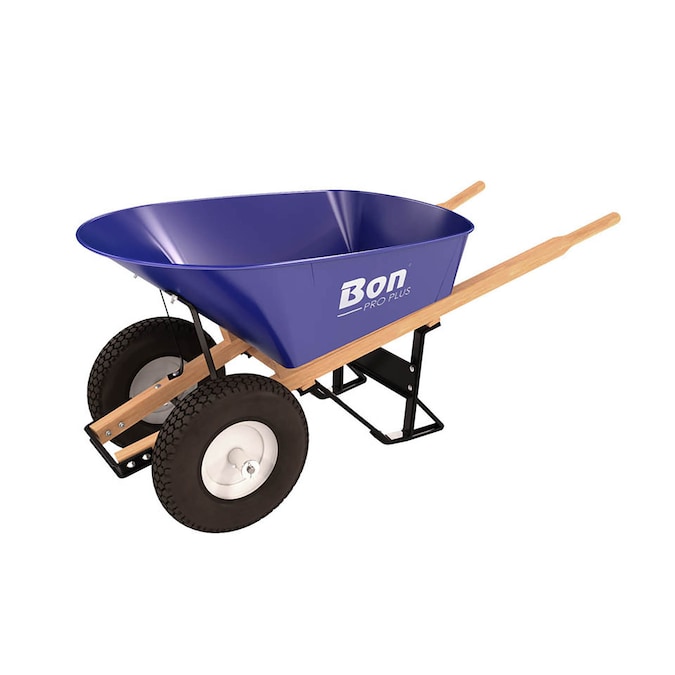 Bon Tool Pro Plus 6 Cu. Feet Steel Wheelbarrow with Wood Handle, Blue, Pneumatic Tire, Knobby Tread
