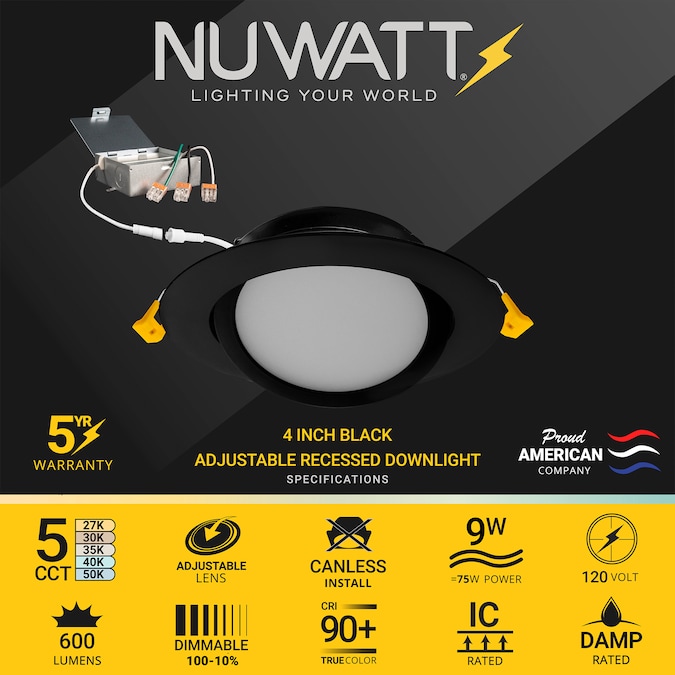 NUWATT Ultra Slim Gimbal Adjustable Lens Black 4-in 630-Lumen Switchable Round Dimmable LED Canless Recessed Downlight (12-Pack) - Image 3