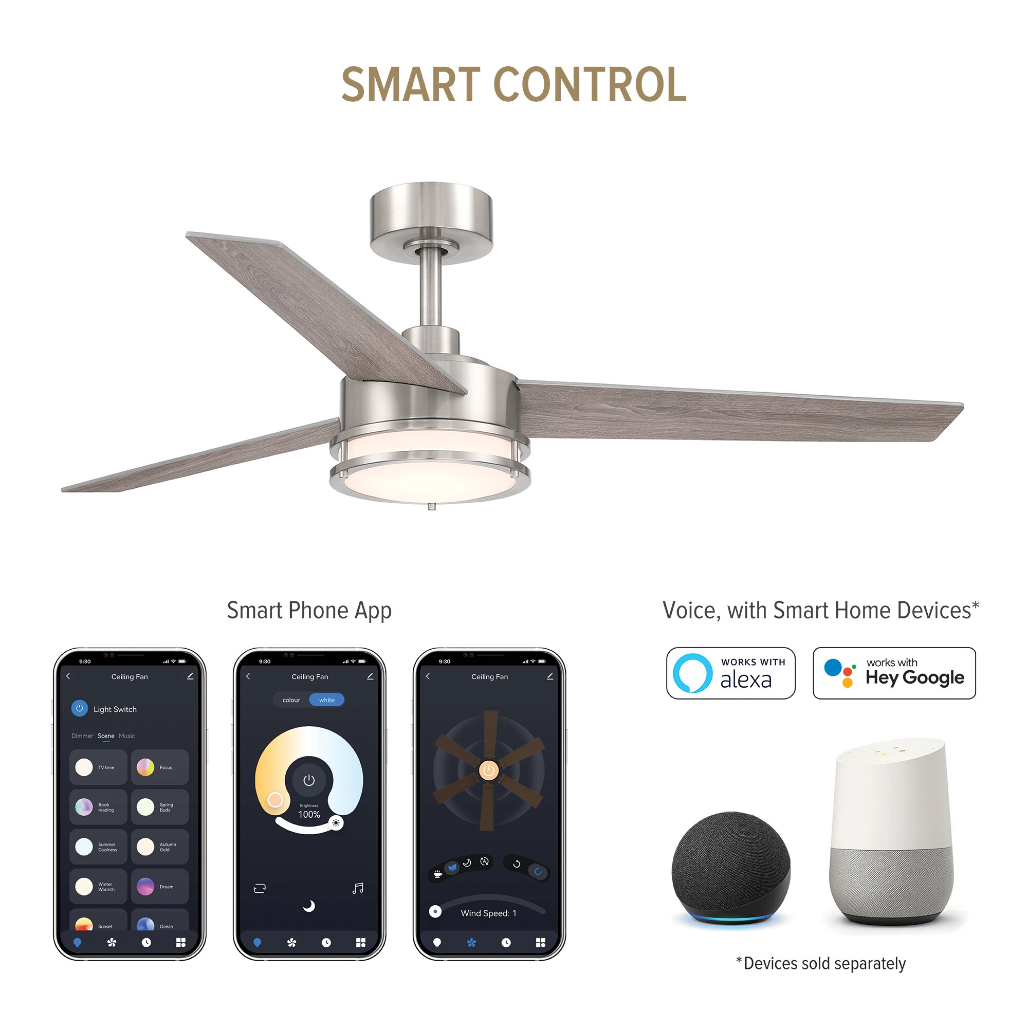 Cassini 52-in Color-Changing Integrated LED Outdoor Flush Mount Smart Brushed Nickel with Silver Blades Ceiling Fan With Light - Remote Included ( 3 -Blade ) - Image 3