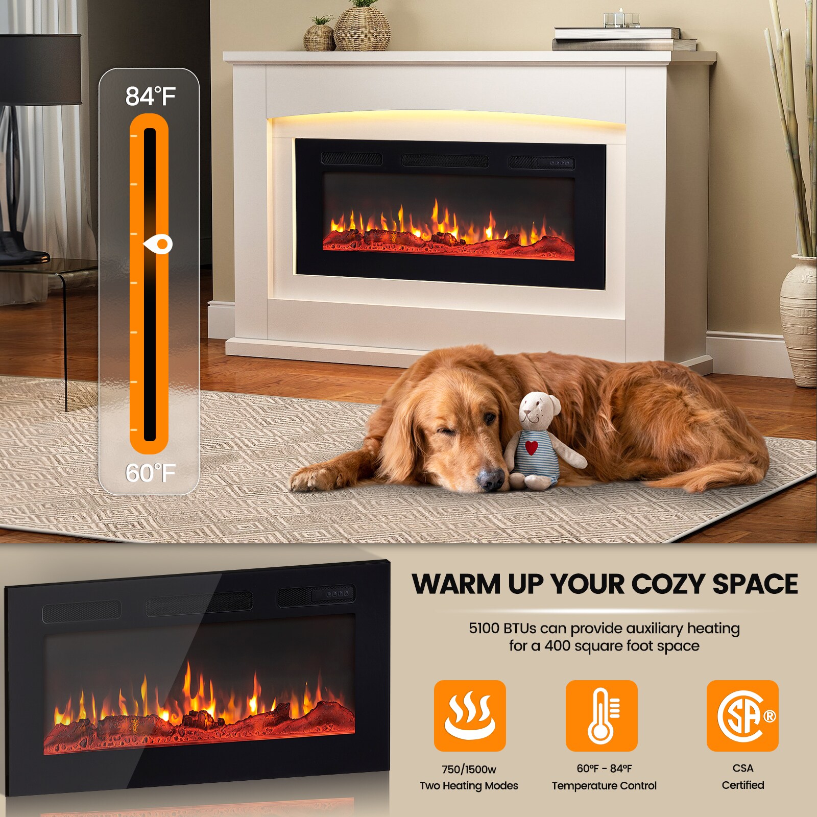 36.33-Inches W Black Wall mount Fan-forced Wall-mount Electric Fireplace with Remote Control Included - Image 4