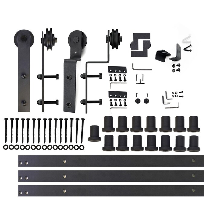 HOMACER 240-in Rustic Black Indoor I-strap Double Bypass Barn Door Hardware Kit