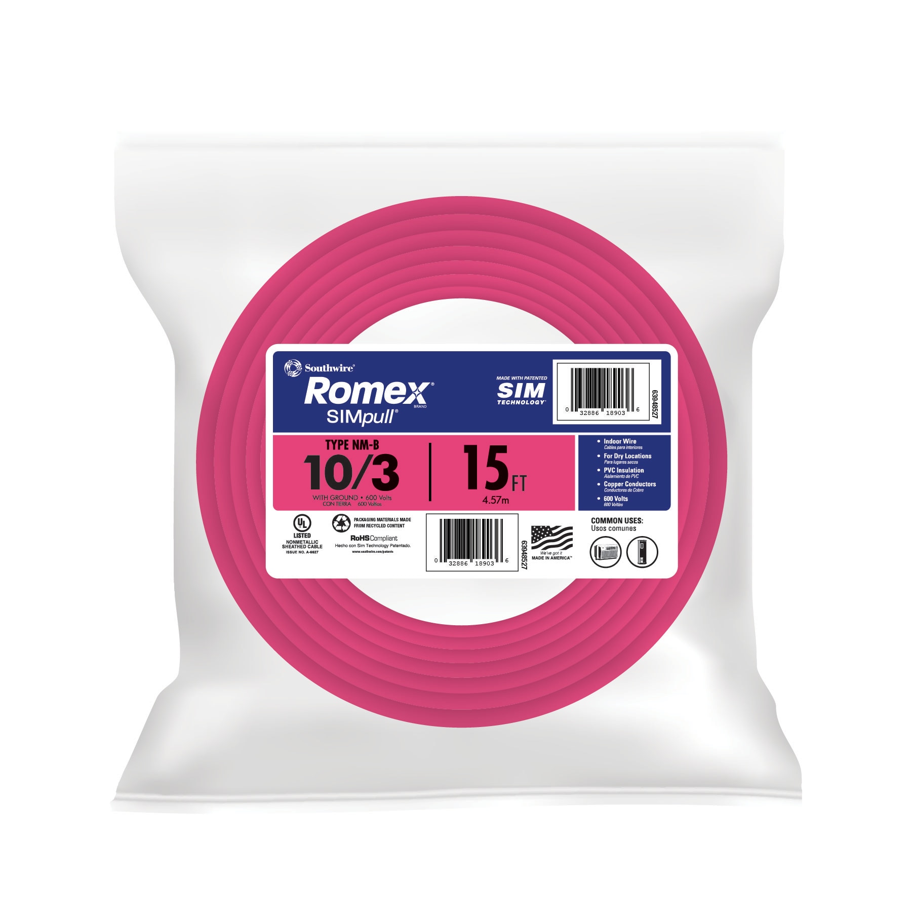 15-ft 10 / 3 / Romex SIMpull Solid Indoor CU NM-B W/G Individual pack ( By-the-roll )