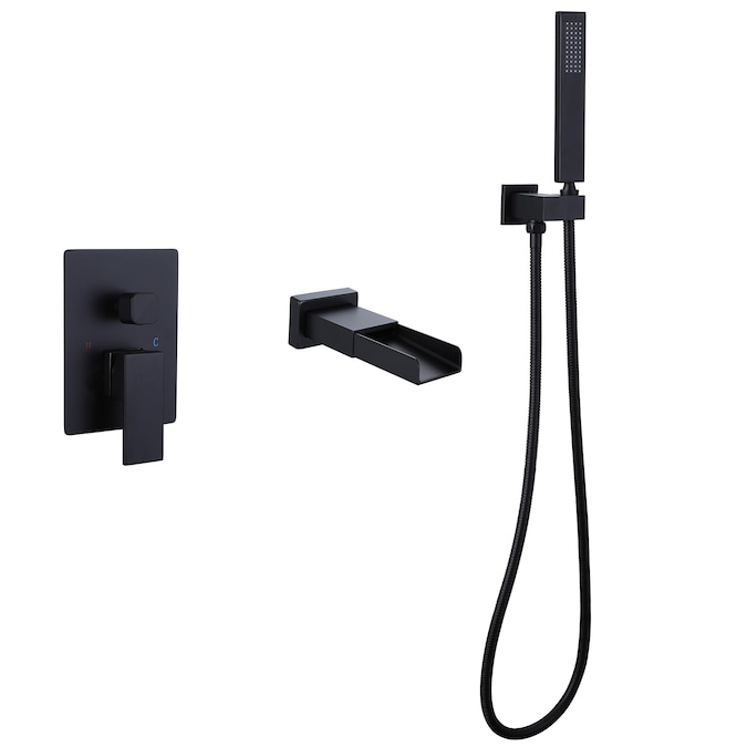 BWE Matte Black 1-handle Freestanding Waterfall Bathtub Faucet with Hand Shower (Valve Included)