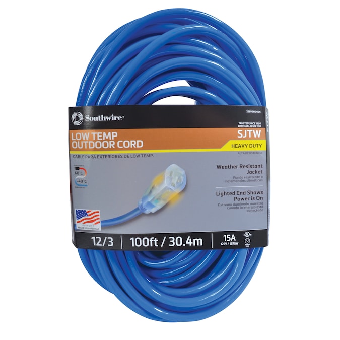 Southwire 100-ft 12/3 3 Prong Blue Outdoor SJTW Heavy Duty Lighted Extension Cord