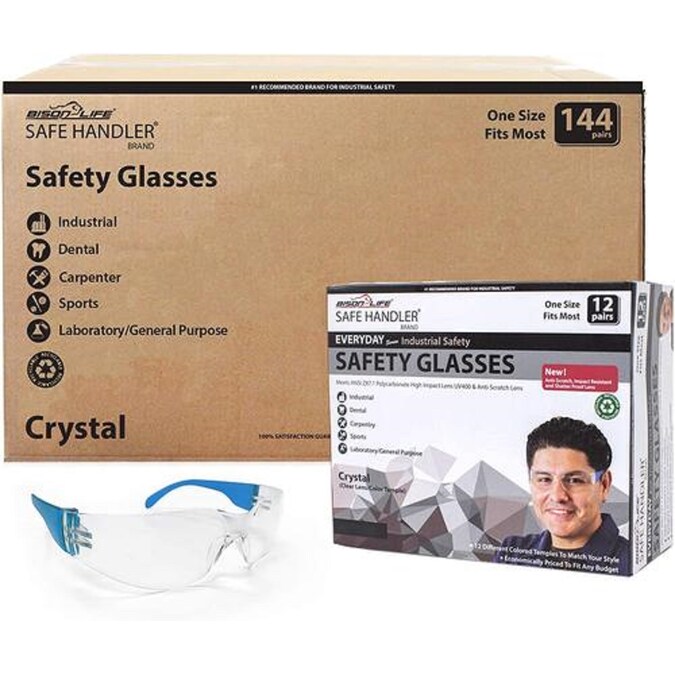 Safe Handler 144-Pack, Crystal Clear lens Blue Temple Polycarbonate Safety Glasses