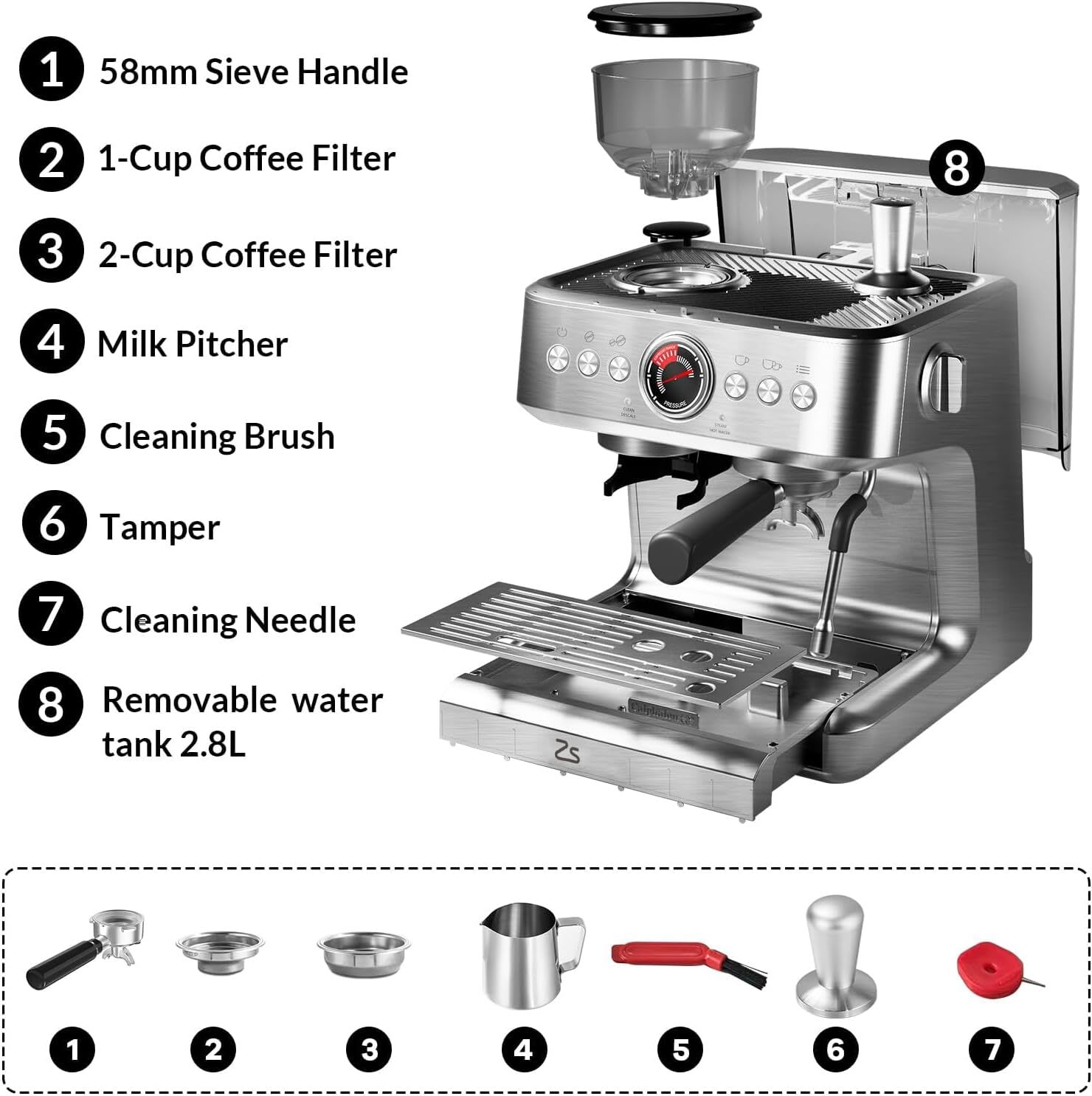 Semi-automatic espresso machine with grinder and milk frother 20 bar professional pressure large 95 oz removable water tank - Image 2