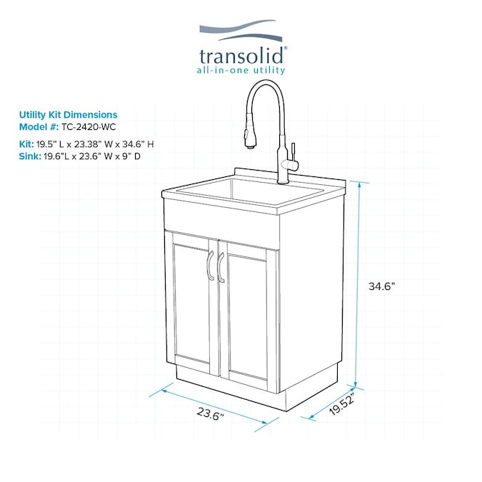 Transolid 24-in x 19.7-in 1-Basin White Freestanding Laundry Sink with Cabinet, Drain, and Faucet - Image 7