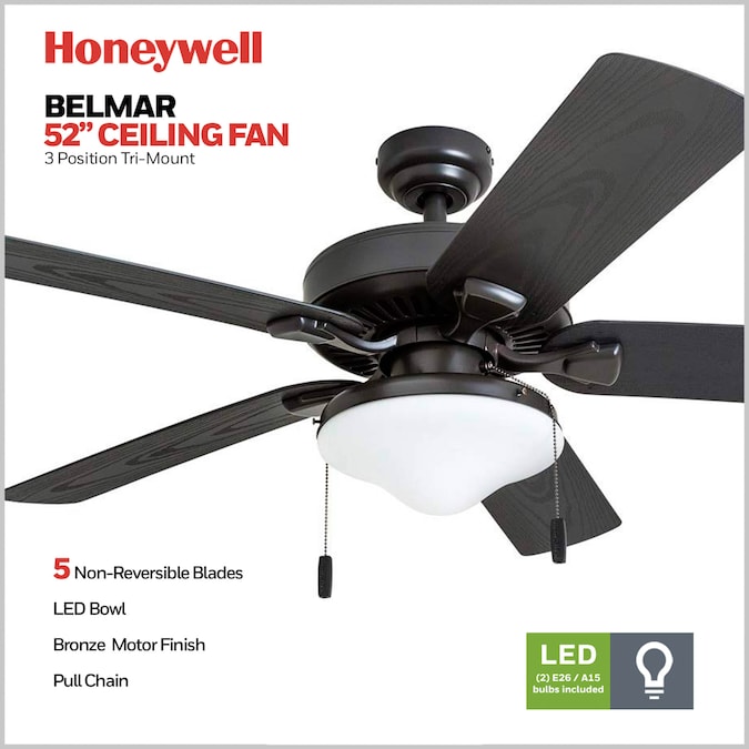 Honeywell Belmar 52-in Bronze LED Indoor/Outdoor Downrod or Flush Mount Ceiling Fan with Light (5-Blade) - Image 4