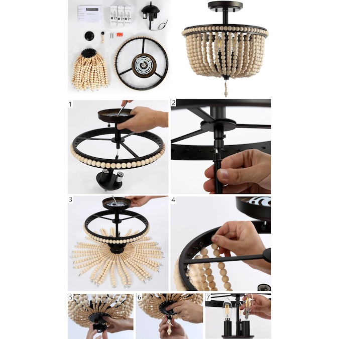 JONATHAN Y Allie Wood Bead/Iron Bohemian Farmhouse 1-Light Antique Nickel LED Semi mount light - Image 4