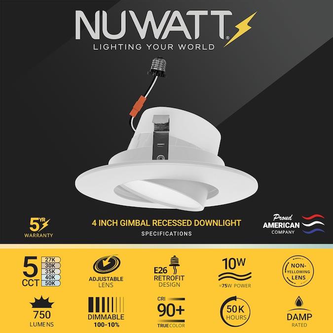 NUWATT Gimbal Retrofit with Adjustable Lens White 4-in 750-Lumen Switchable Round Dimmable LED Canned Shower Recessed Downlight (6-Pack) - Image 3