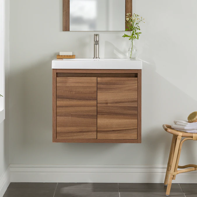Diamond NOW Hollis 24-in Caramel Mist Brown Woodgrain Single Sink Floating Bathroom Vanity with White Cultured Marble Top