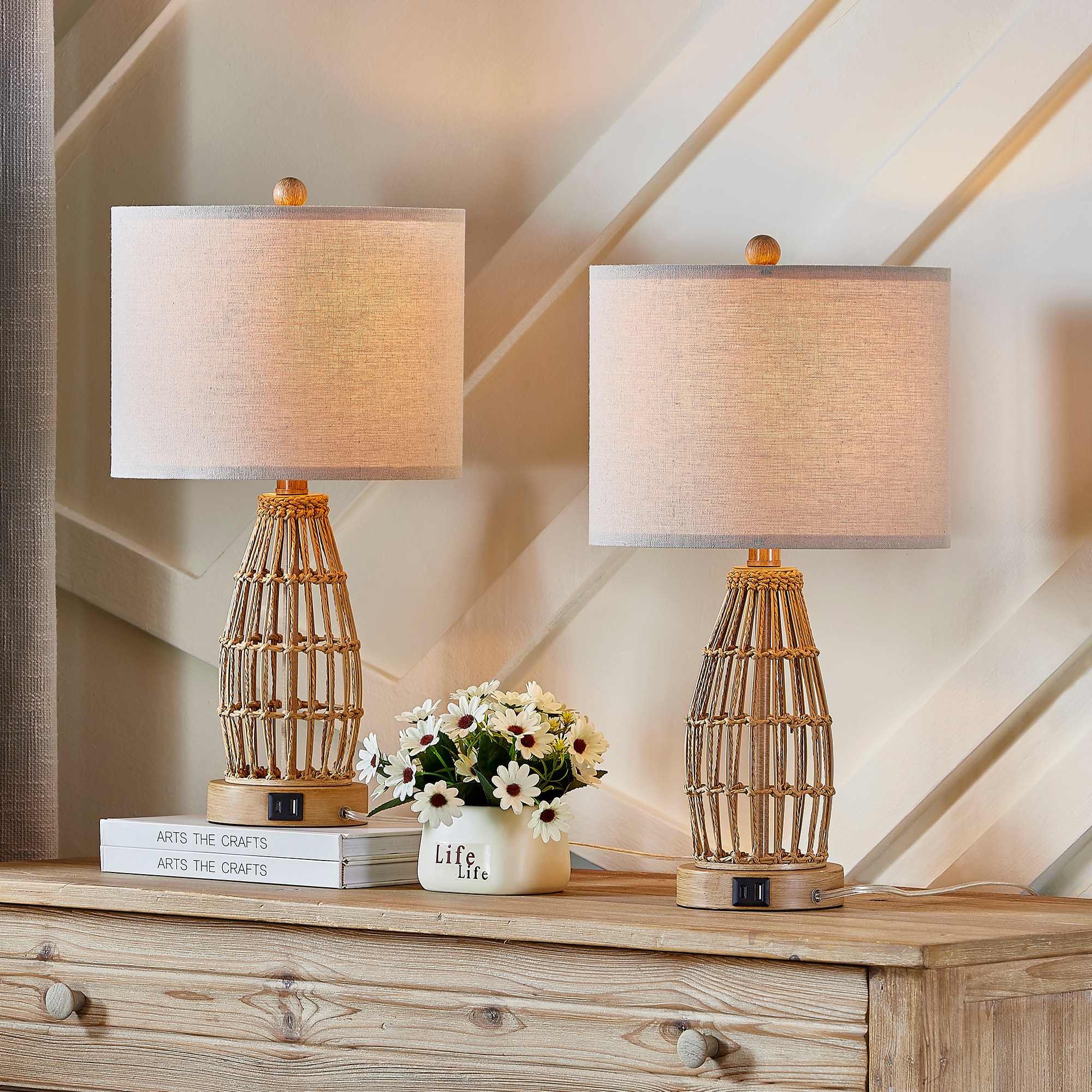 Deluxe 20.5-Inches Brown LED Incandescent Rotary socket Table Lamp with Linen Shade 2 -Set