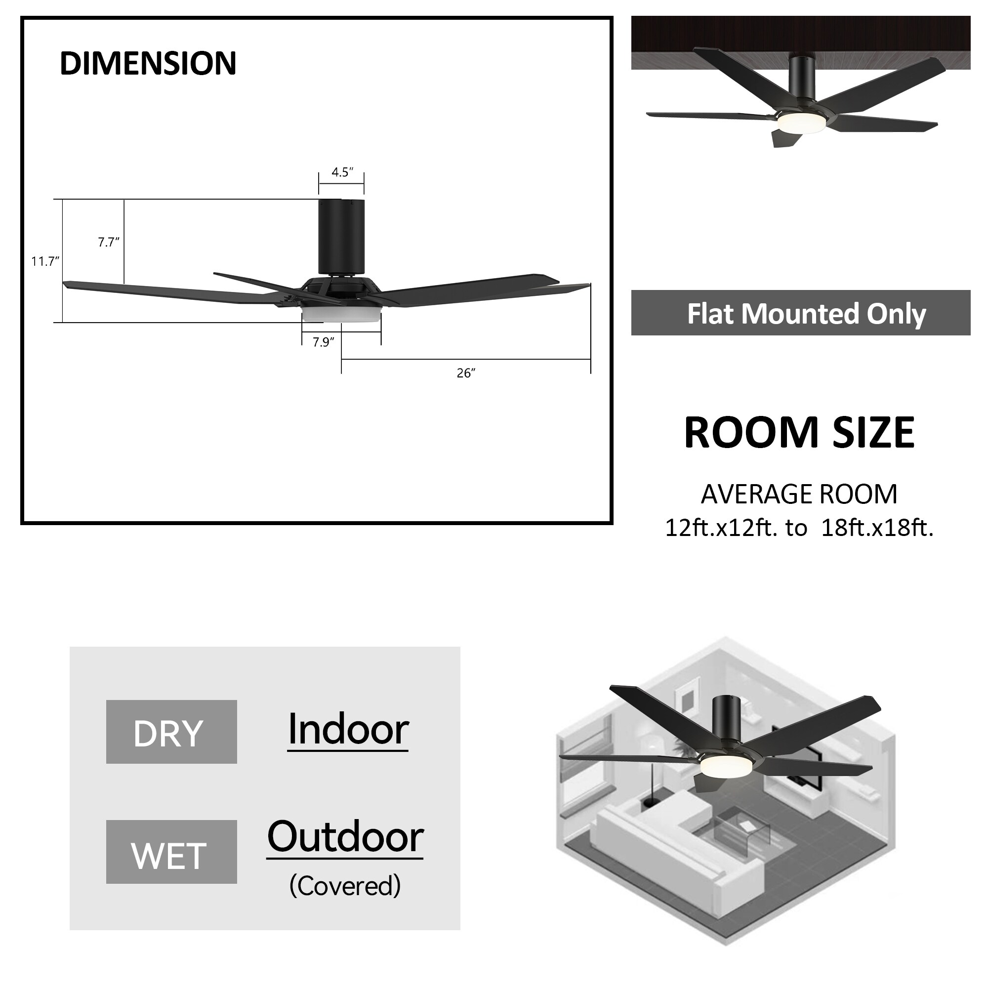 Voyager 52-in Integrated LED Outdoor Flush Mount Smart Black with Black Blades Ceiling Fan With Light - Remote Included ( 5 -Blade ) - Image 10