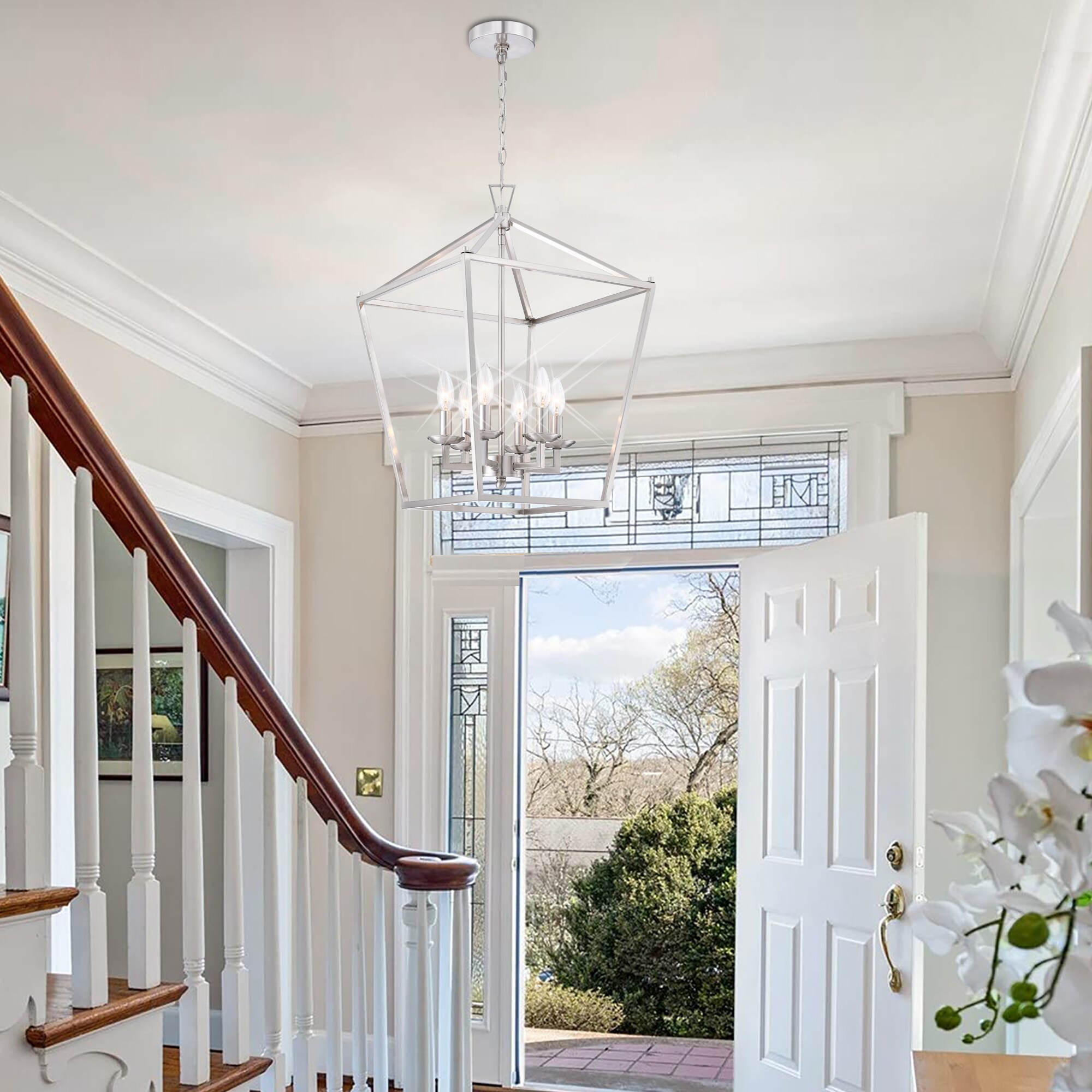 6 -Light Brushed Nickel Traditional Geometric Medium Hanging Pendant light - Image 8