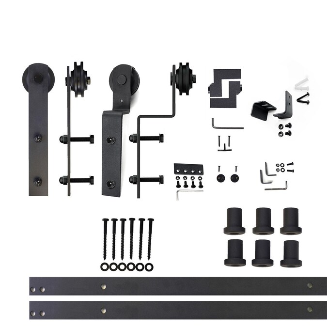 HOMACER 108-in Rustic Black Indoor I-strap Double Bypass Barn Door Hardware Kit