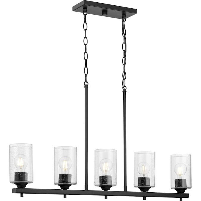 Progress Lighting Morehouse 5-Light Matte Black Modern/Contemporary Seeded Glass Linear Large Hanging Kitchen Island Light