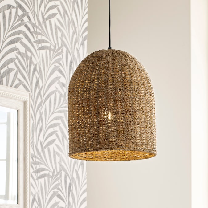 allen + roth Brit Black Canopy with Natural Rattan Shade Traditional Dome Medium Hanging Pendant Light