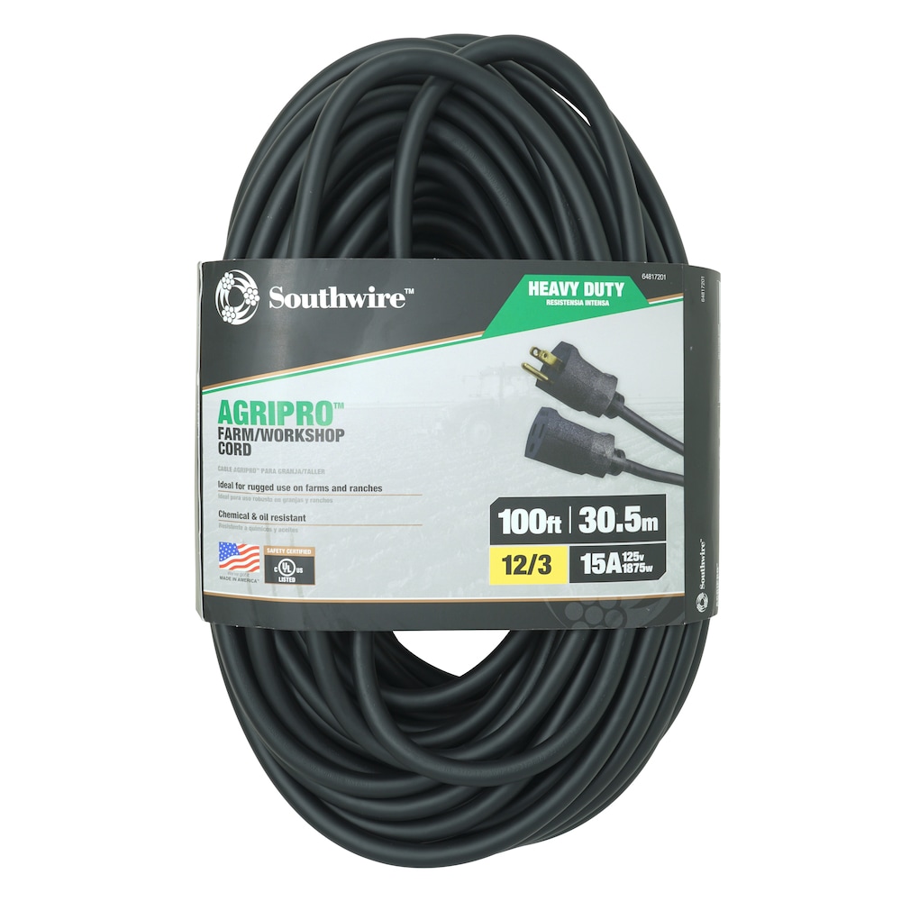 100-ft 12 / 3 3 Prong Black Outdoor SJTOW Heavy Duty General Extension Cord