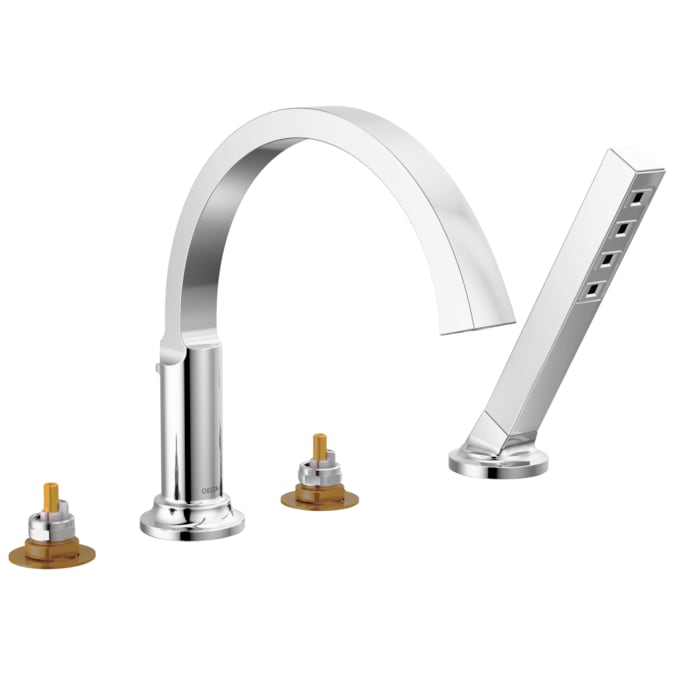 Delta Tetra Lumicoat Chrome Deck-mount Roman High-arc Bathtub Faucet with Hand Shower