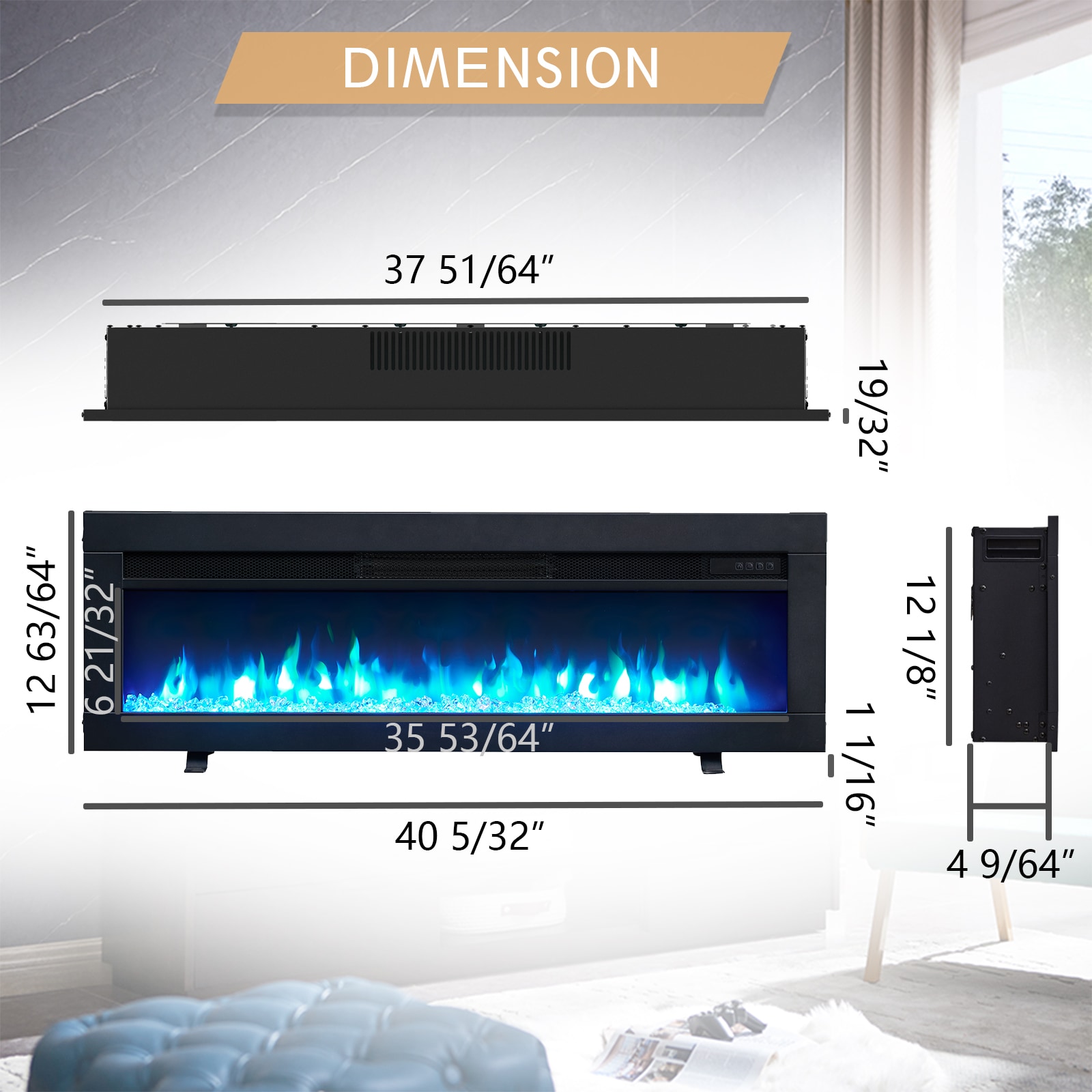 40.16-Inches W Black Free standing Fan-forced Wall-mount Electric Fireplace with Remote Control Included - Image 6