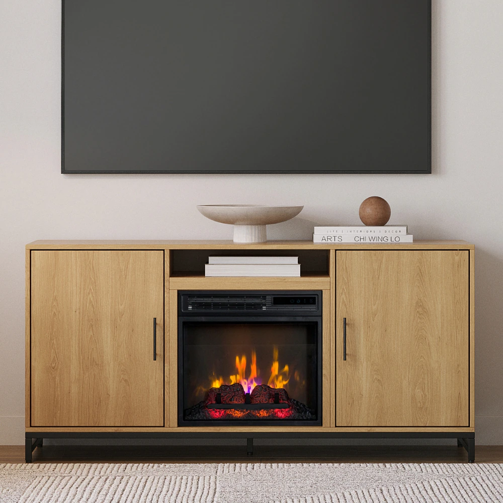 56-Inches W White Oak TV Stand with Infrared quartz Flat wall Electric Fireplace with Remote Control Included - Image 2