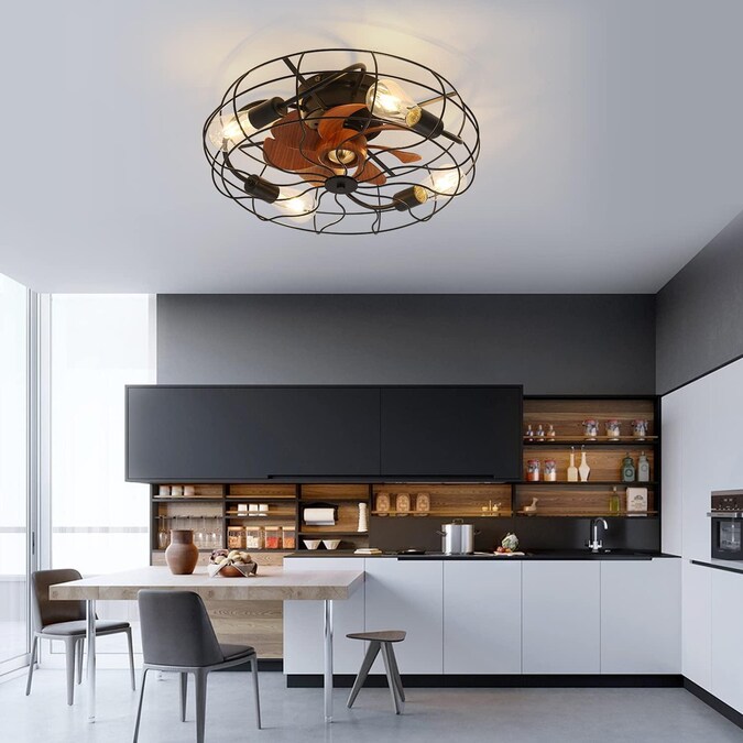 Bayfeve 20-in Black with Brown Wood Grain Blades LED Indoor/Outdoor Flush Mount Fandelier Ceiling Fan with Light and Remote (7-Blade) - Image 2