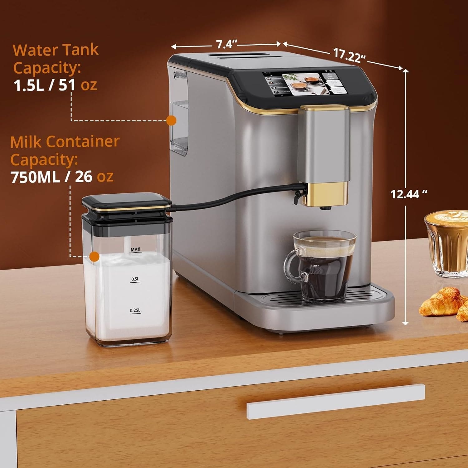 Fully automatic coffee machine with grinder and automatic milk frothing with one-touch screen hot water function 20 bar pressure and 15 grind settings - Image 3