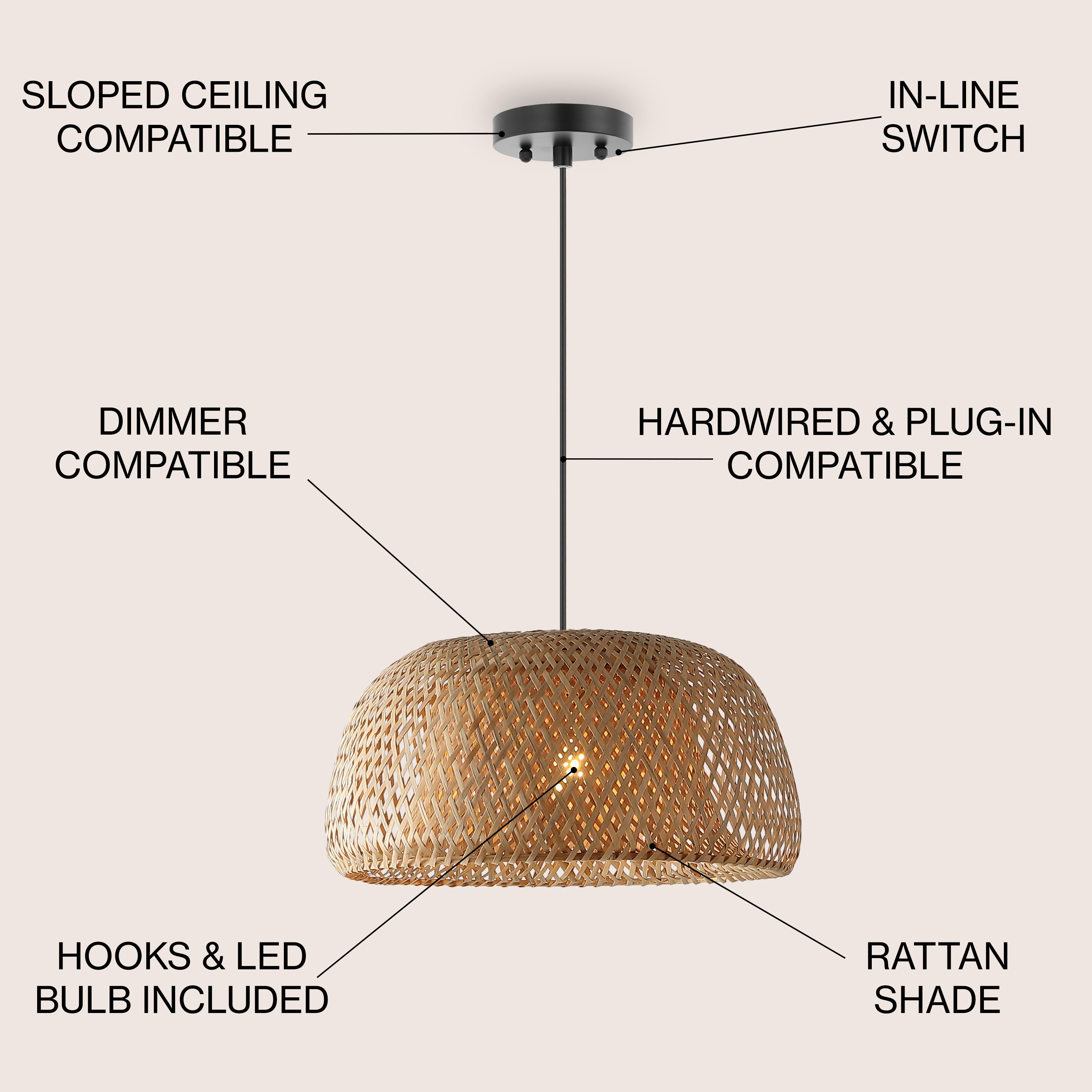 Mateo 18" Woven Bamboo Retro Diamond Farmhouse Coastal Brown Bohemian/global Bowl Medium Hanging Swag light - Image 3