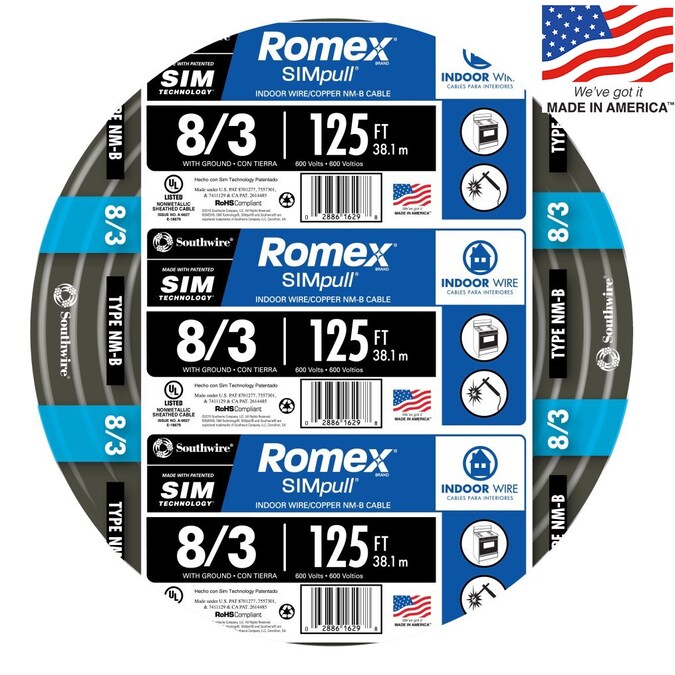 Southwire 125-ft 8/3 Romex SIMpull Stranded Indoor CU NM-B W/G Individual Pack (By-the-roll)