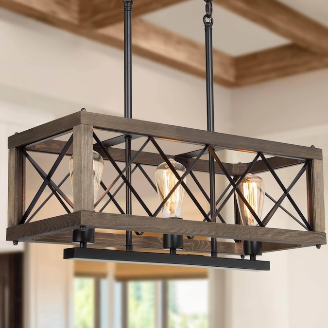 LNC Lucia 3-Light Matte Black and Brown Wood Grain Farmhouse Linear LED Large Hanging Kitchen Island Light
