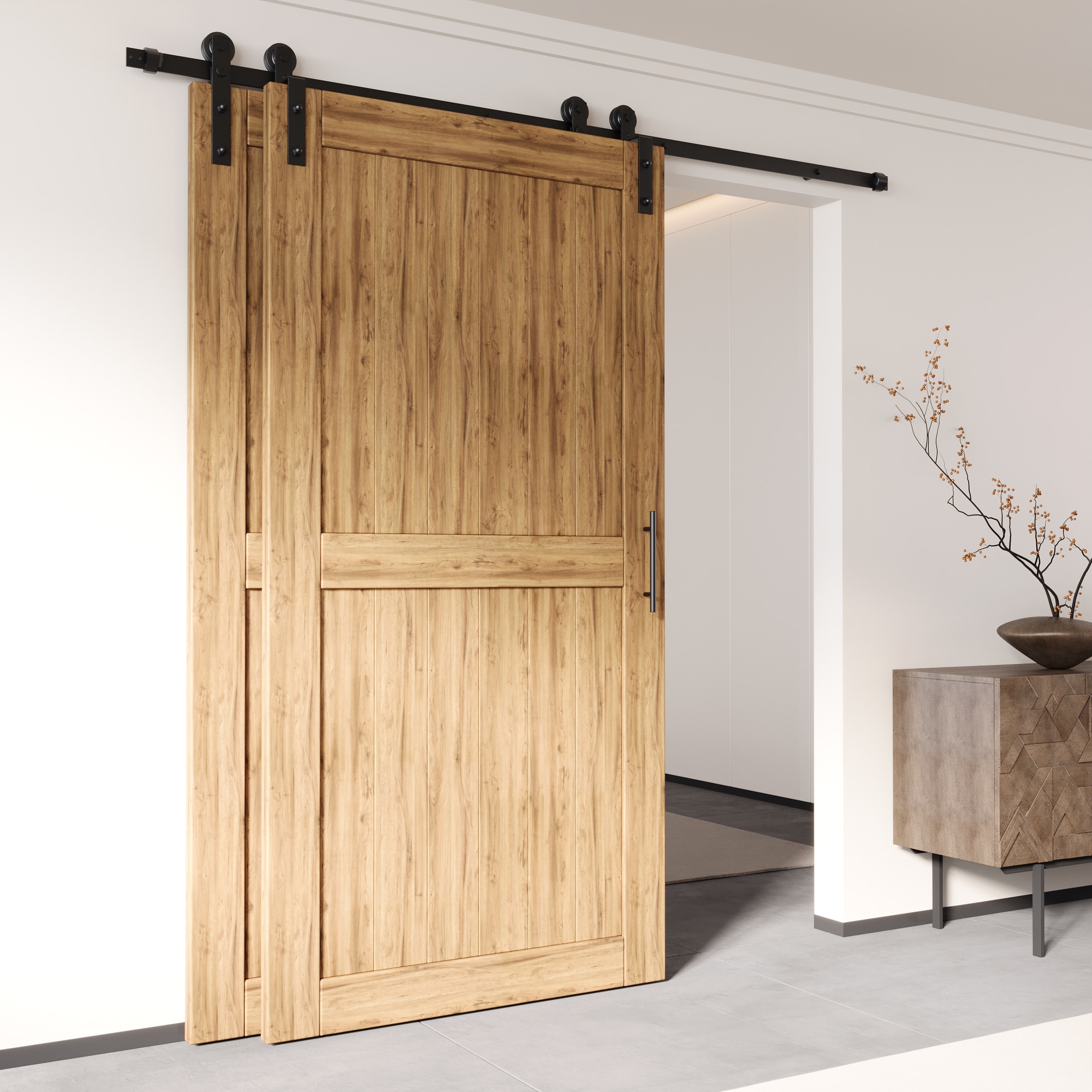 54-in Rustic black Black Indoor I-strap Double bypass Barn door hardware kit - Image 8