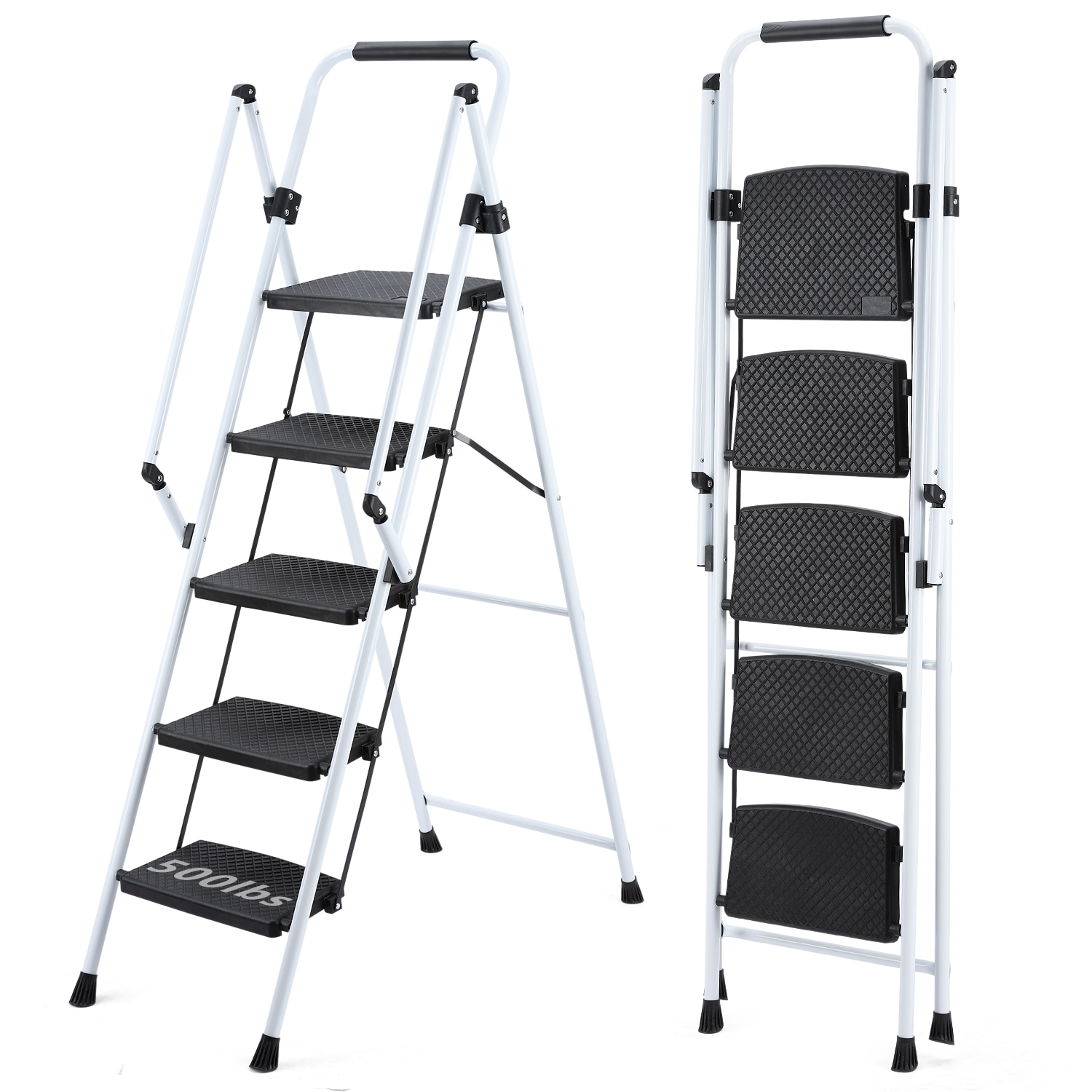 5 Step Ladder 5 -Step 500-lb Capacity White Steel Foldable Step Stool