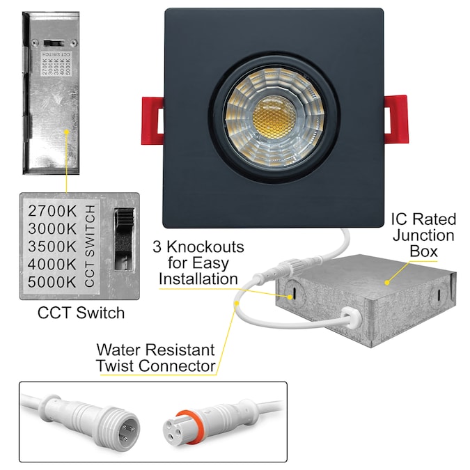 NUWATT Square Trim Canless Adjustable Lens Gimbal Lights Black 3-in 600-Lumen Switchable Square Dimmable LED Canless Recessed Downlight (4-Pack) - Image 2