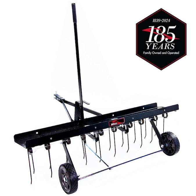 Brinly 40-Inch Tow-Behind Dethatcher with Adjustable Tine Depth and Replaceable Tines, Steel Frame, Pneumatic Wheels