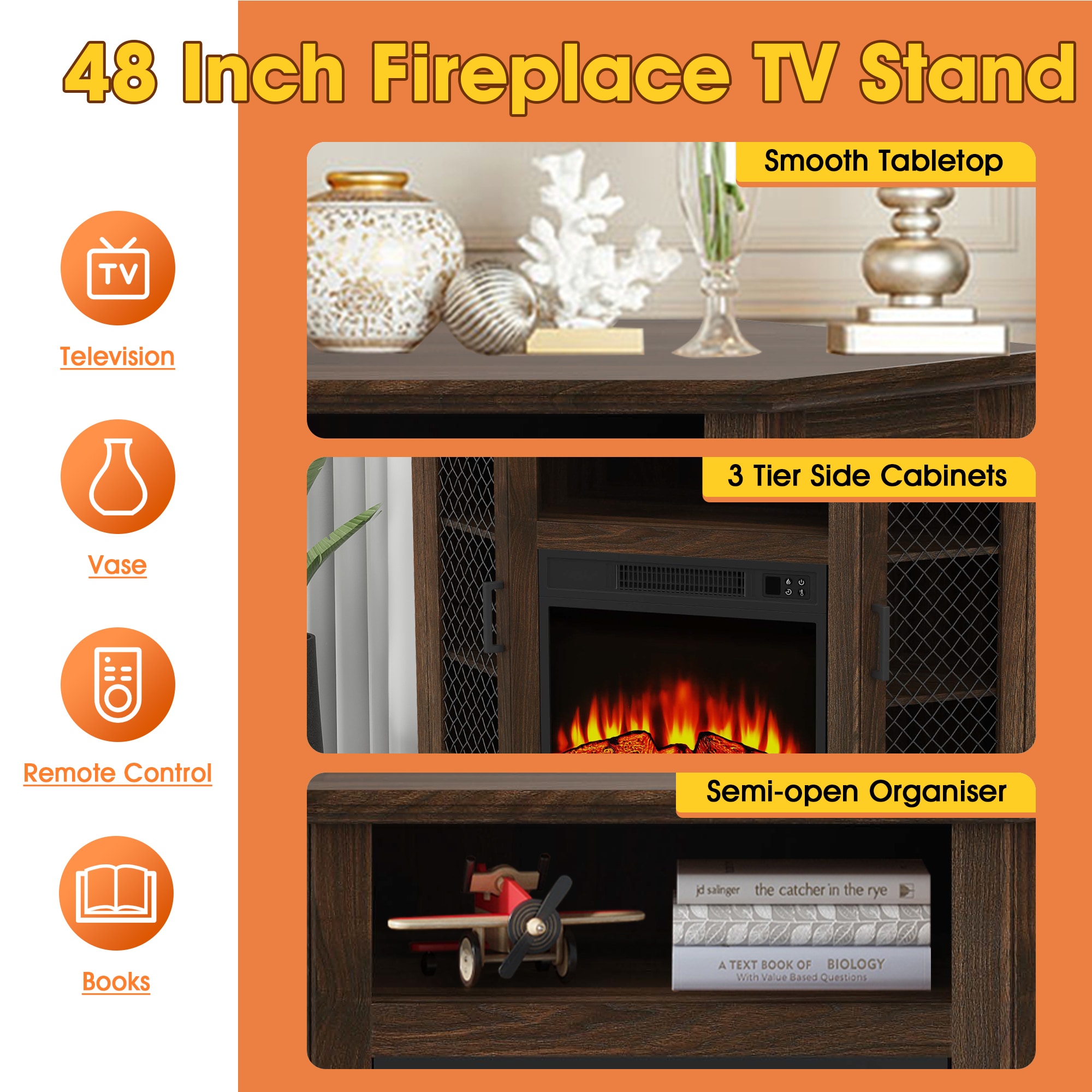 45-in W Dark Walnut TV Stand with LED Corner or flat wall Electric Fireplace with Remote Control Included - Image 7