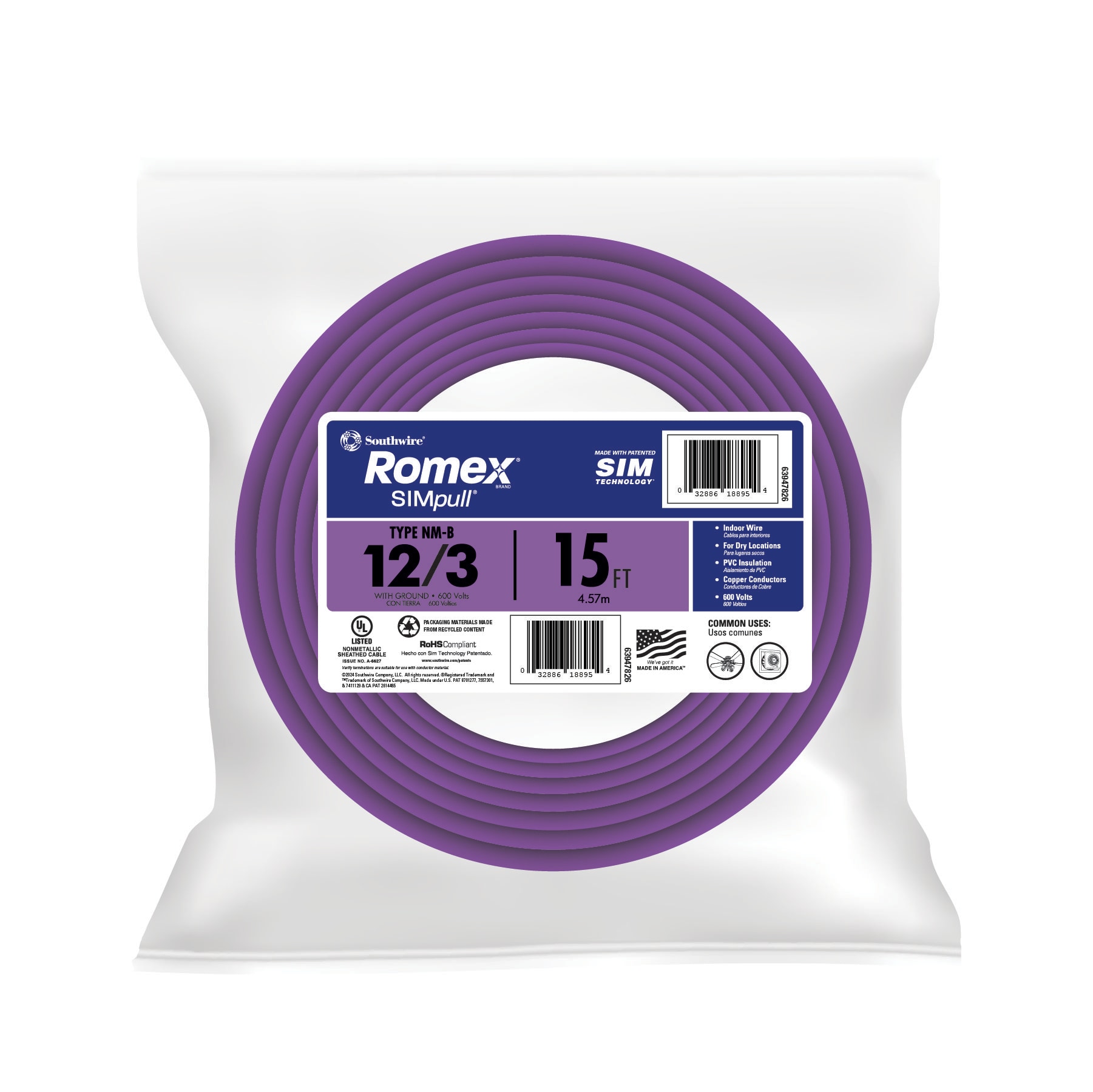 15-ft 12 / 3 / Romex SIMpull Solid Indoor CU NM-B W/G Individual pack ( By-the-roll )