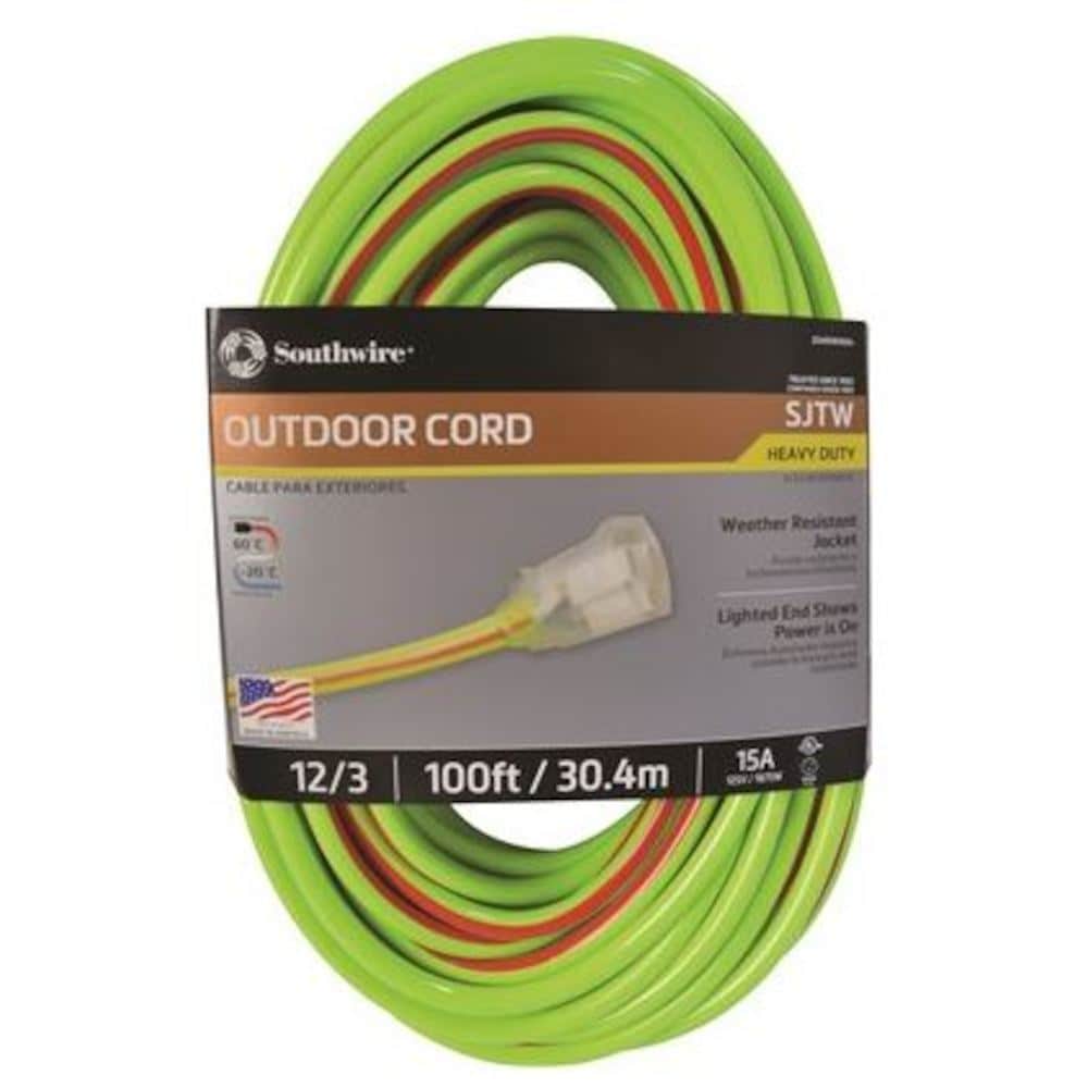 Stripes and Cool Colors 100-ft 12 / 3 3 Prong Lime Green, Red Outdoor SJTW Heavy Duty Lighted Extension Cord