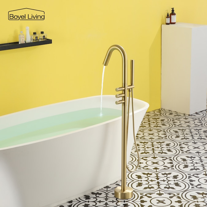 Clihome Brushed Gold 3-handle Freestanding Swivel Bathtub Faucet with Hand Shower (Valve Included) - Image 4