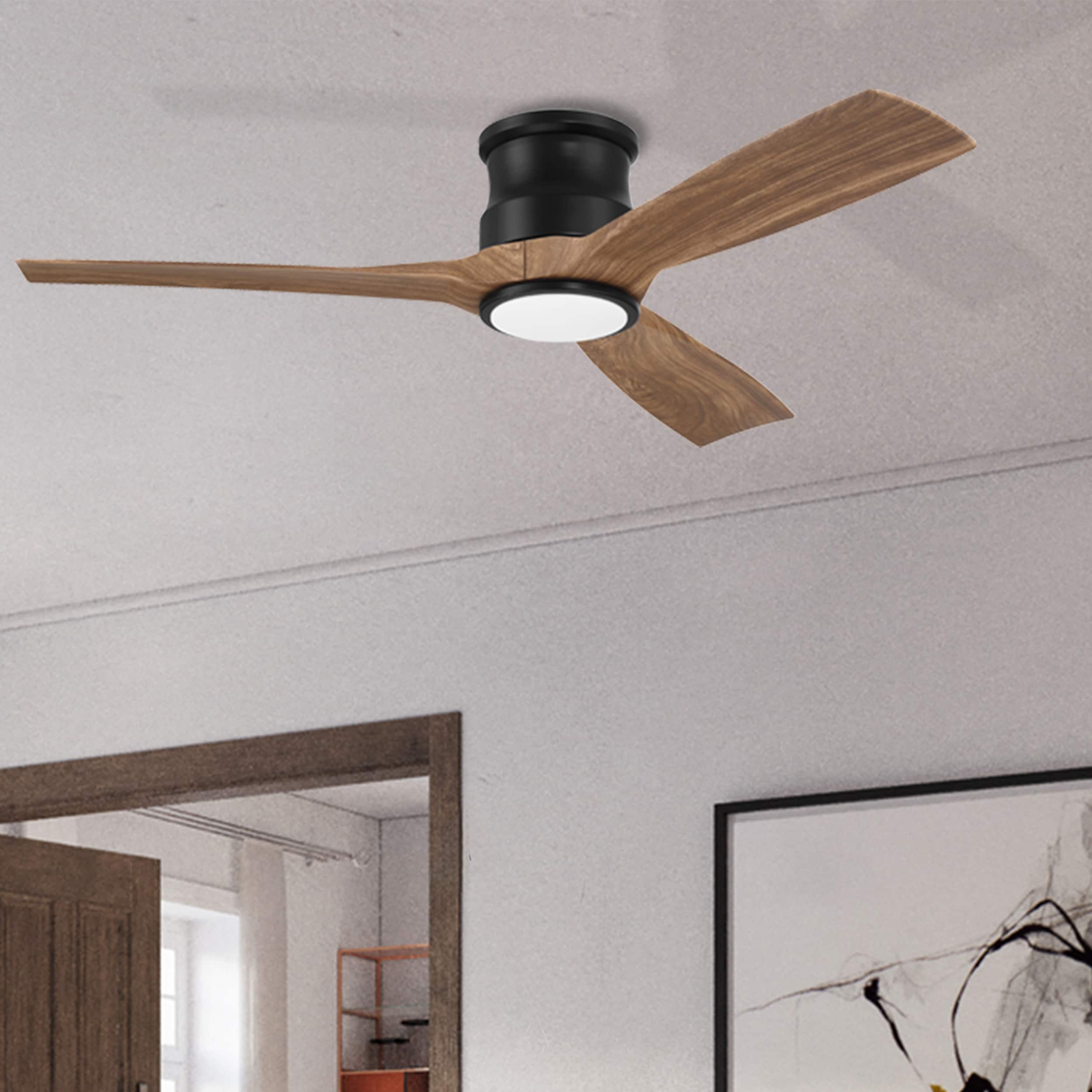52-in Color-Changing Integrated LED Flush Mount Matte Black with Dark Walnut Blades Propeller Ceiling Fan With Light - Remote Included ( 3 -Blade )