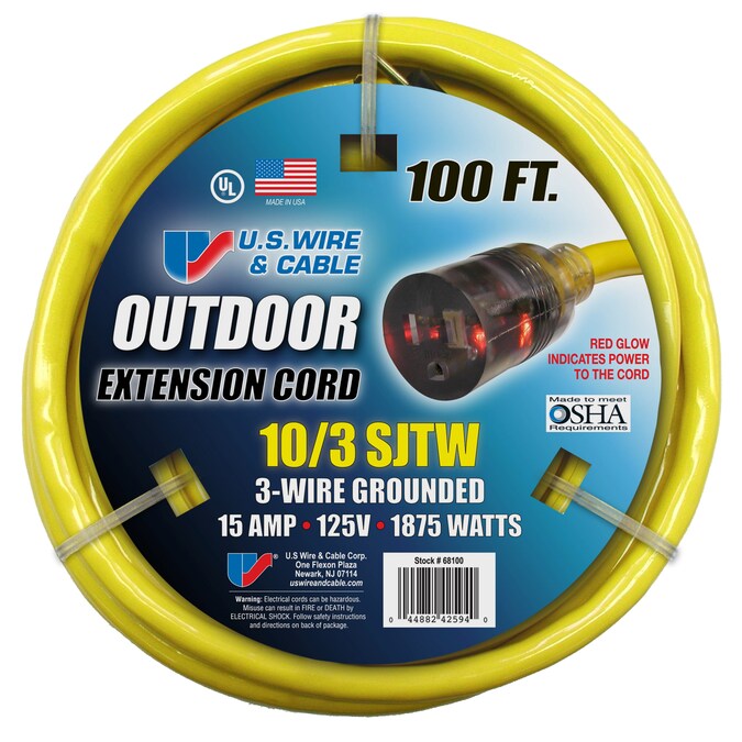 USW 10 gauge Yellow Lighted ExtenSion Cords 100-ft 10/3 3 Prong Yellow Outdoor SJTW Heavy Duty Lighted Extension Cord
