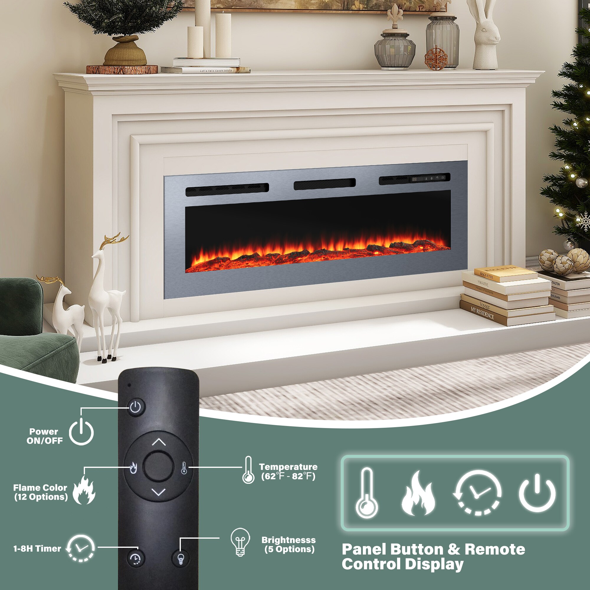 50-Inches W Stainless Steel Wall mount Fan-forced Wall-mount Electric Fireplace with Remote Control Included - Image 9