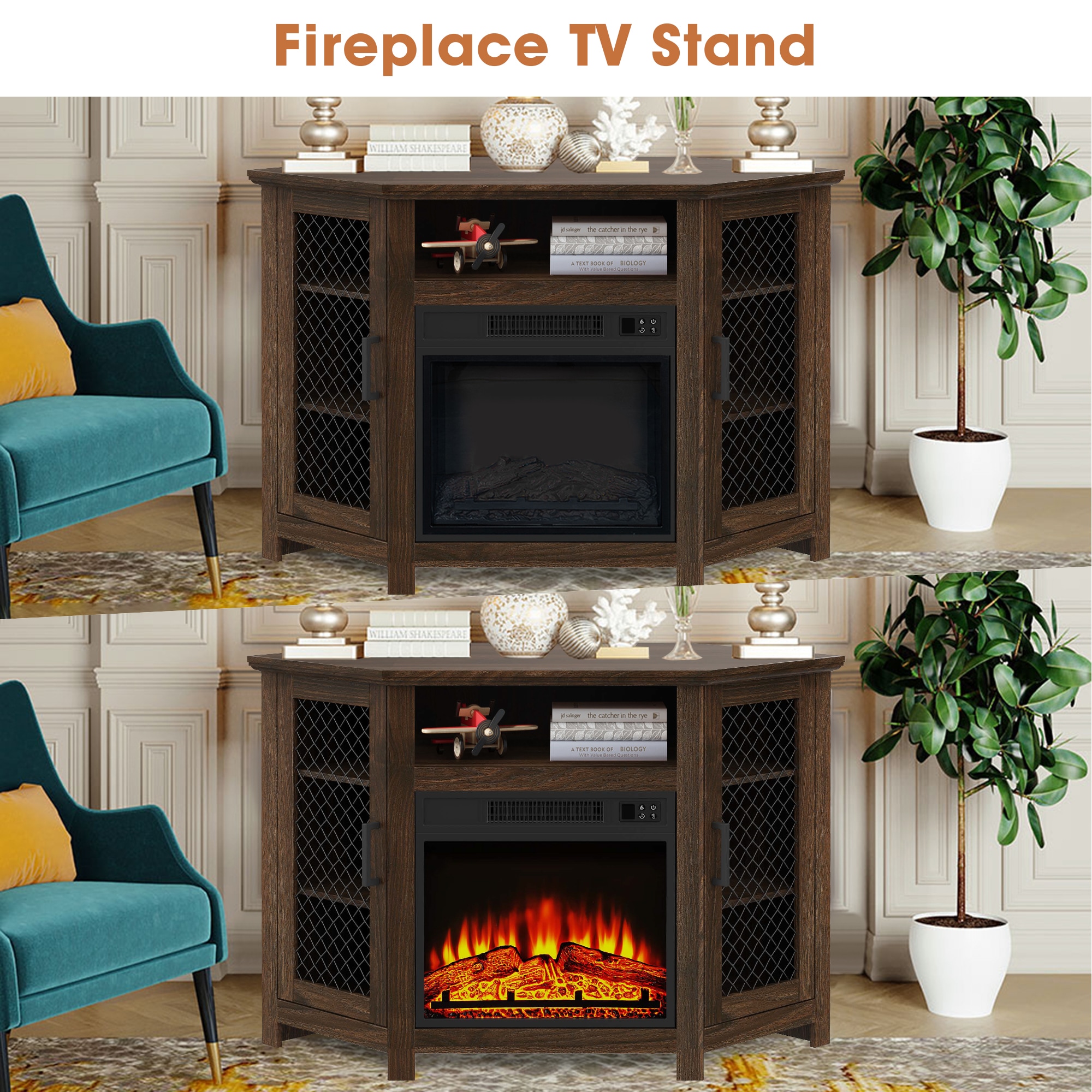 45-in W Dark Walnut TV Stand with LED Corner or flat wall Electric Fireplace with Remote Control Included - Image 8