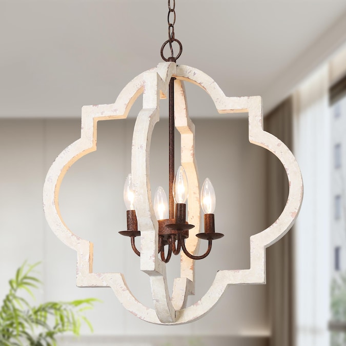 LNC Timeless 4-Light Distressed White Vintage LED Dry rated Chandelier
