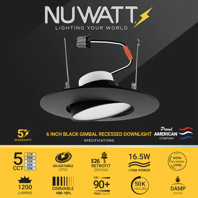 NUWATT 2700K-5000K Gimbal Retrofit 5/6"-in Black 6-in 1200-Lumen Switchable Round Dimmable LED Canned Shower Recessed Downlight (6-Pack) - Image 2